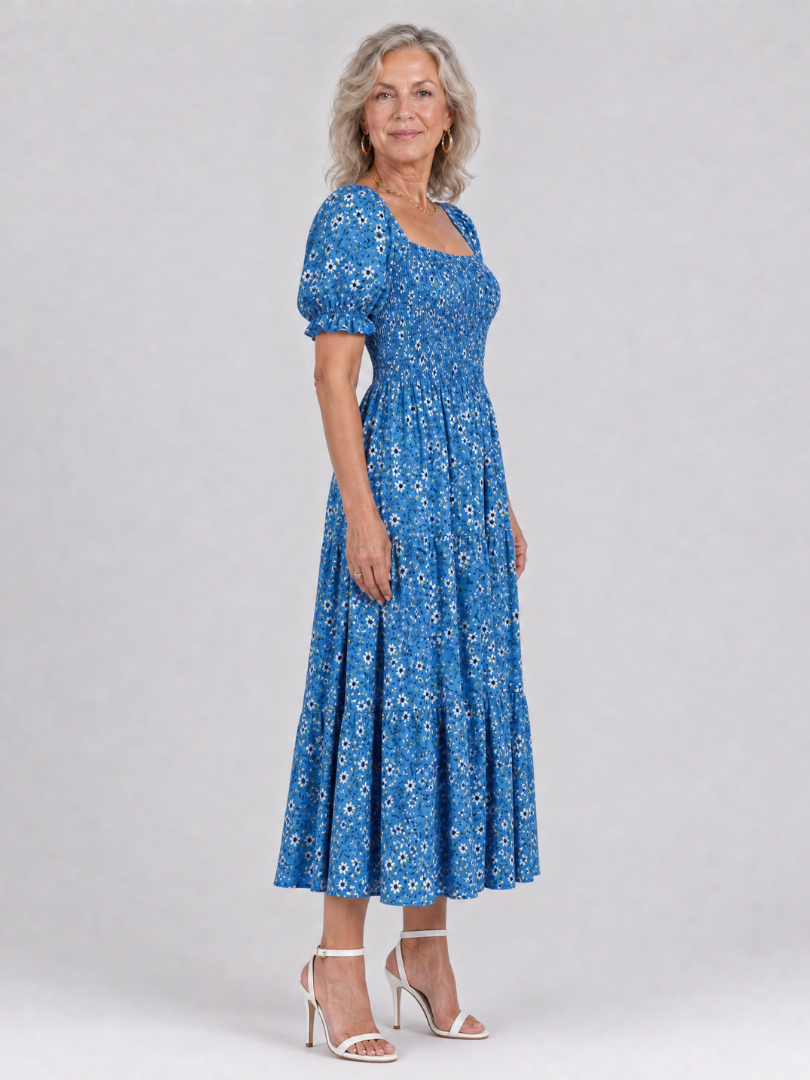 Effortless Floral Midi Dress for Women with Square Neck Puff Sleeve Smocked Bodice A Line Casual Style