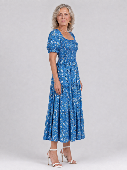 Effortless Floral Midi Dress for Women with Square Neck Puff Sleeve Smocked Bodice A Line Casual Style