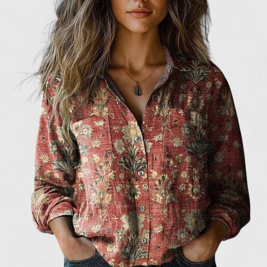 Effortless Floral Print Blouse for Women with V Neck Long Sleeve Quarter Zip Oversized Bohemian Style