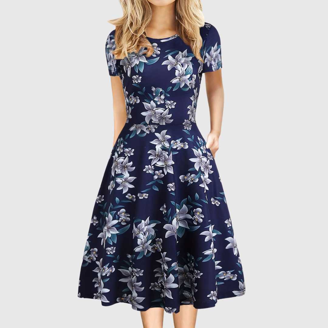 Elegant A Line Dress for Women with Round Neck Short Sleeve Fit and Flare Midi Casual Retro Style