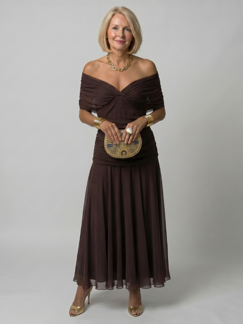 Elegant Purple Dress for Women with V Neck Flutter Sleeve Floral Ruched Maxi Wedding Guest Style