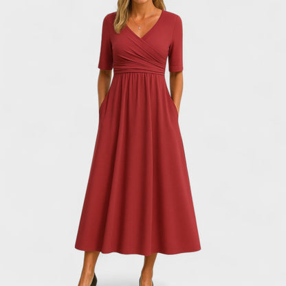 Comfortable Maxi Dress for Women with Surplice V Neck Short Sleeve Pockets Jersey Relaxed Style