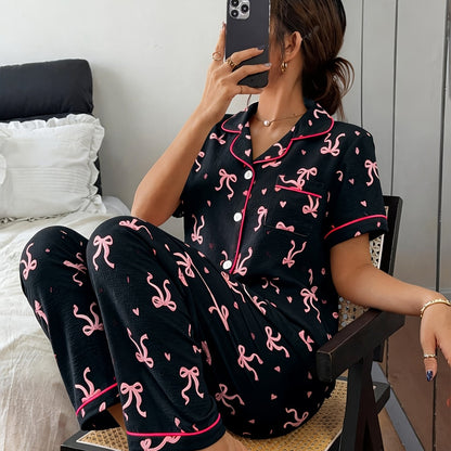 Comfortable Bow Print Pajama Set for Women with Notched Collar Short Sleeve Button Front Two Piece Style