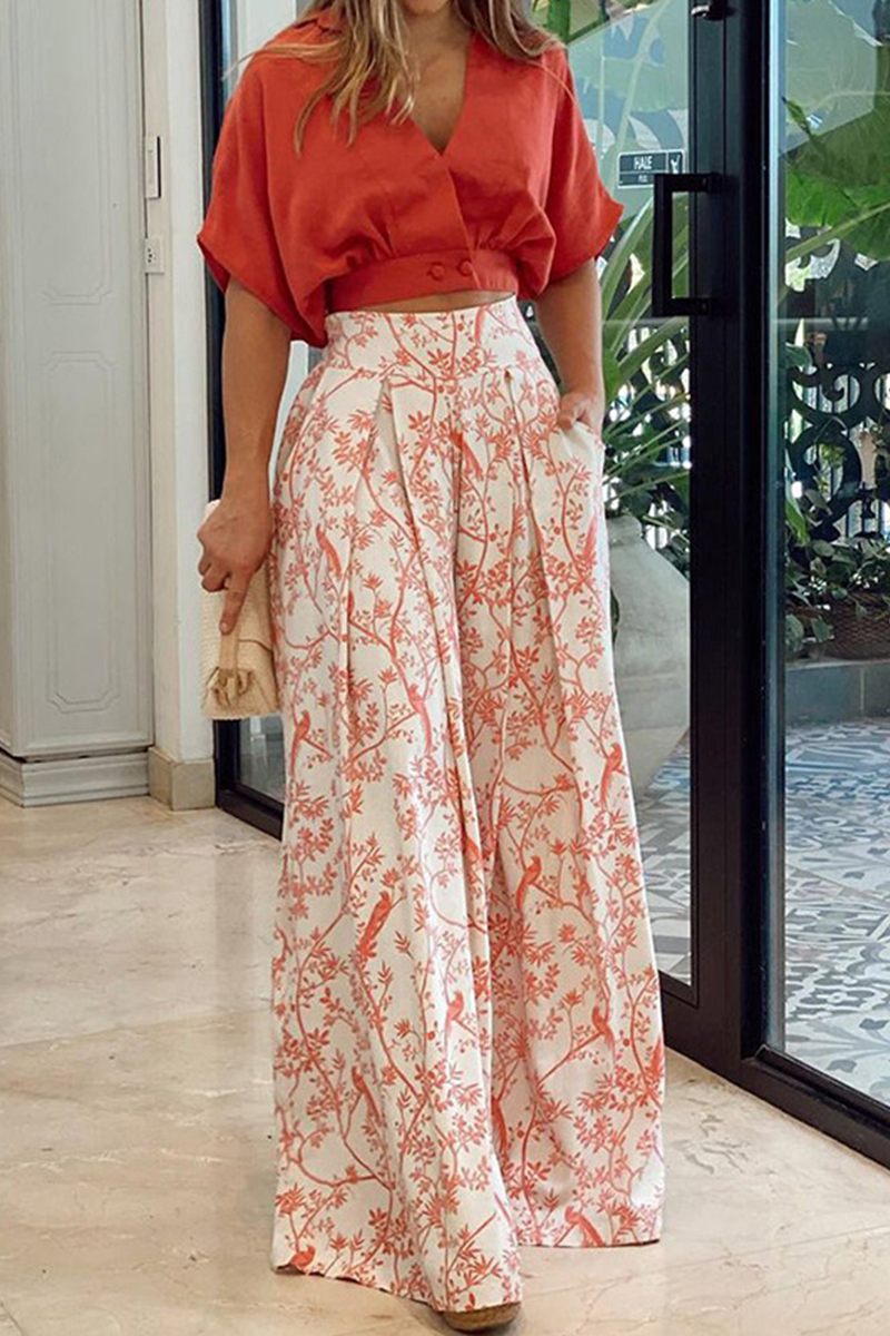 Stylish Two-Piece Set for Women with Wide Leg Pants and V-Neck Blouse