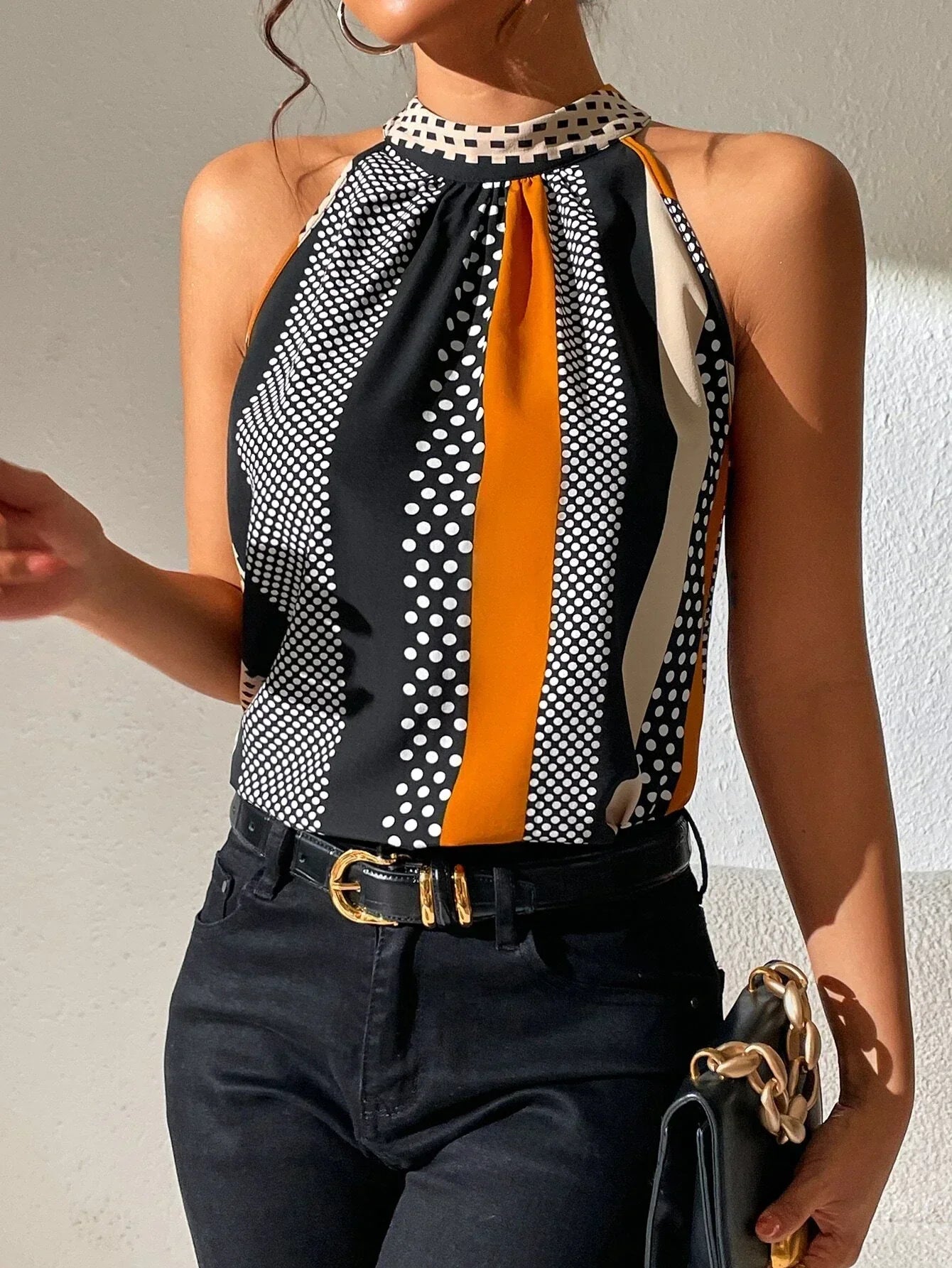 Effortless Printed Halter Top for Women with Mock Neck Sleeveless Keyhole Back Casual Style