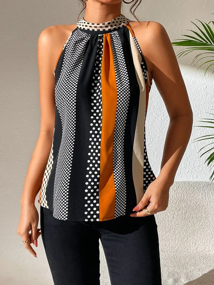 Effortless Printed Halter Top for Women with Mock Neck Sleeveless Keyhole Back Casual Style