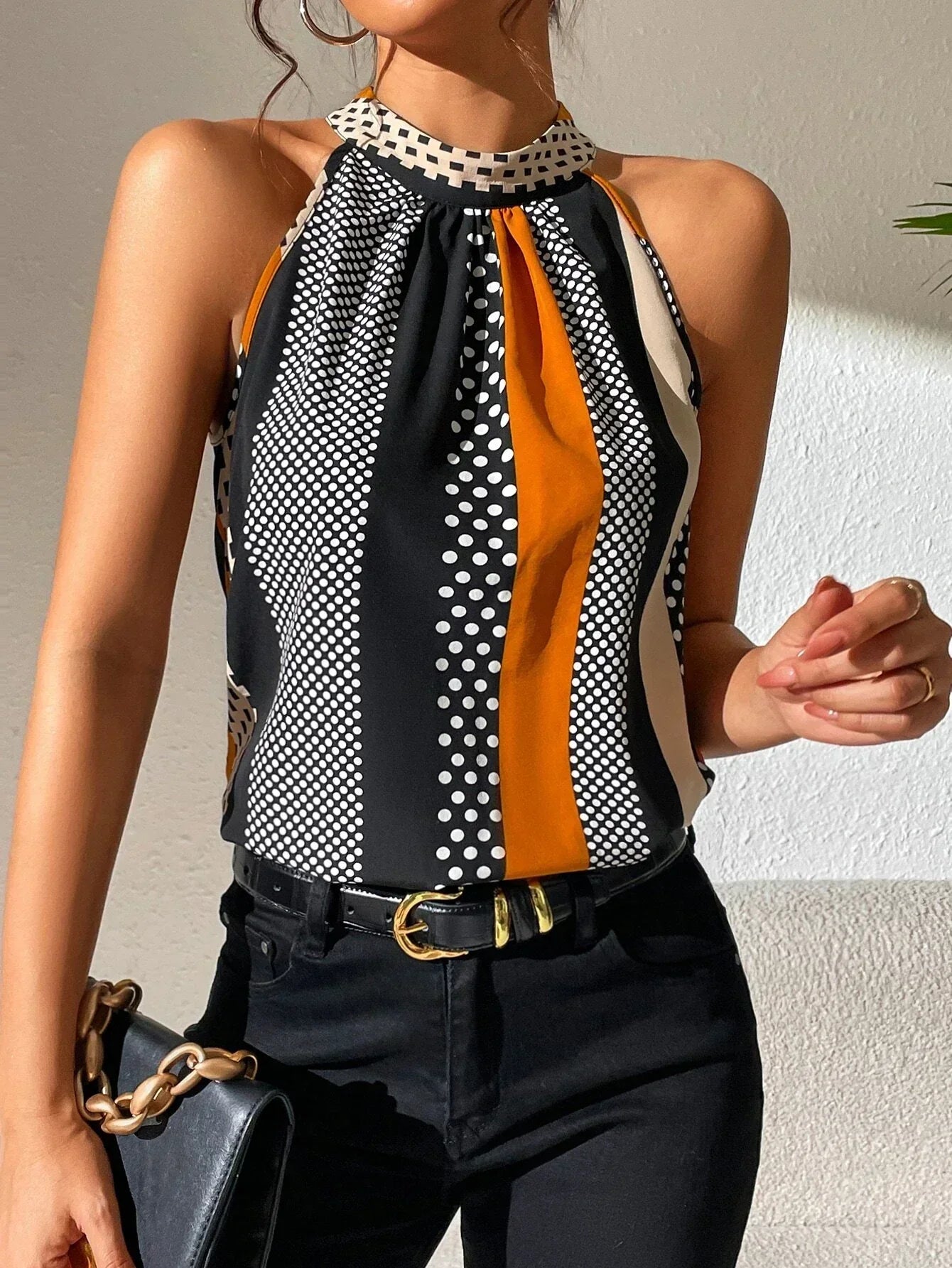 Effortless Printed Halter Top for Women with Mock Neck Sleeveless Keyhole Back Casual Style