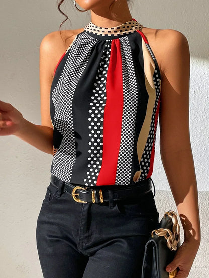 Effortless Printed Halter Top for Women with Mock Neck Sleeveless Keyhole Back Casual Style