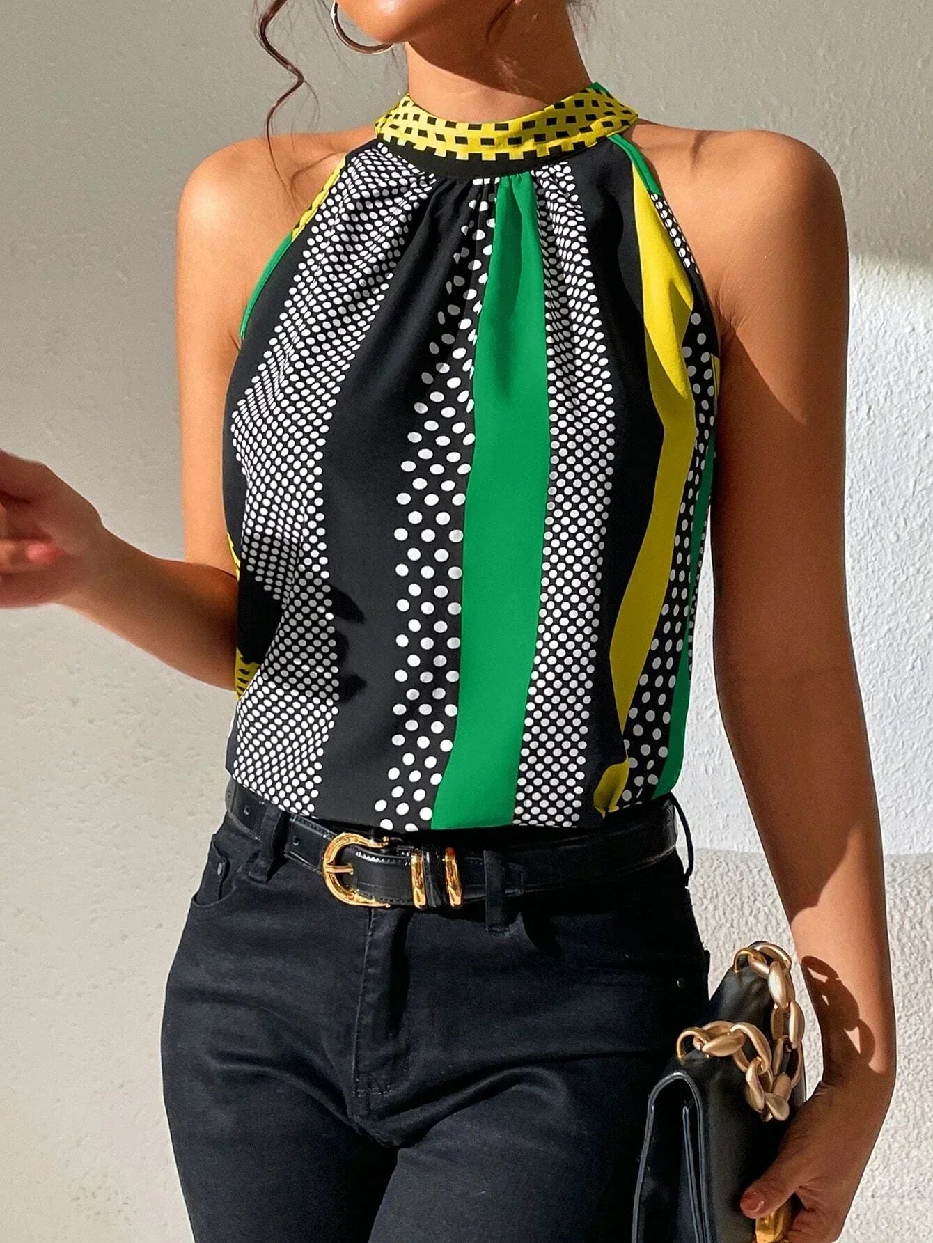 Effortless Printed Halter Top for Women with Mock Neck Sleeveless Keyhole Back Casual Style