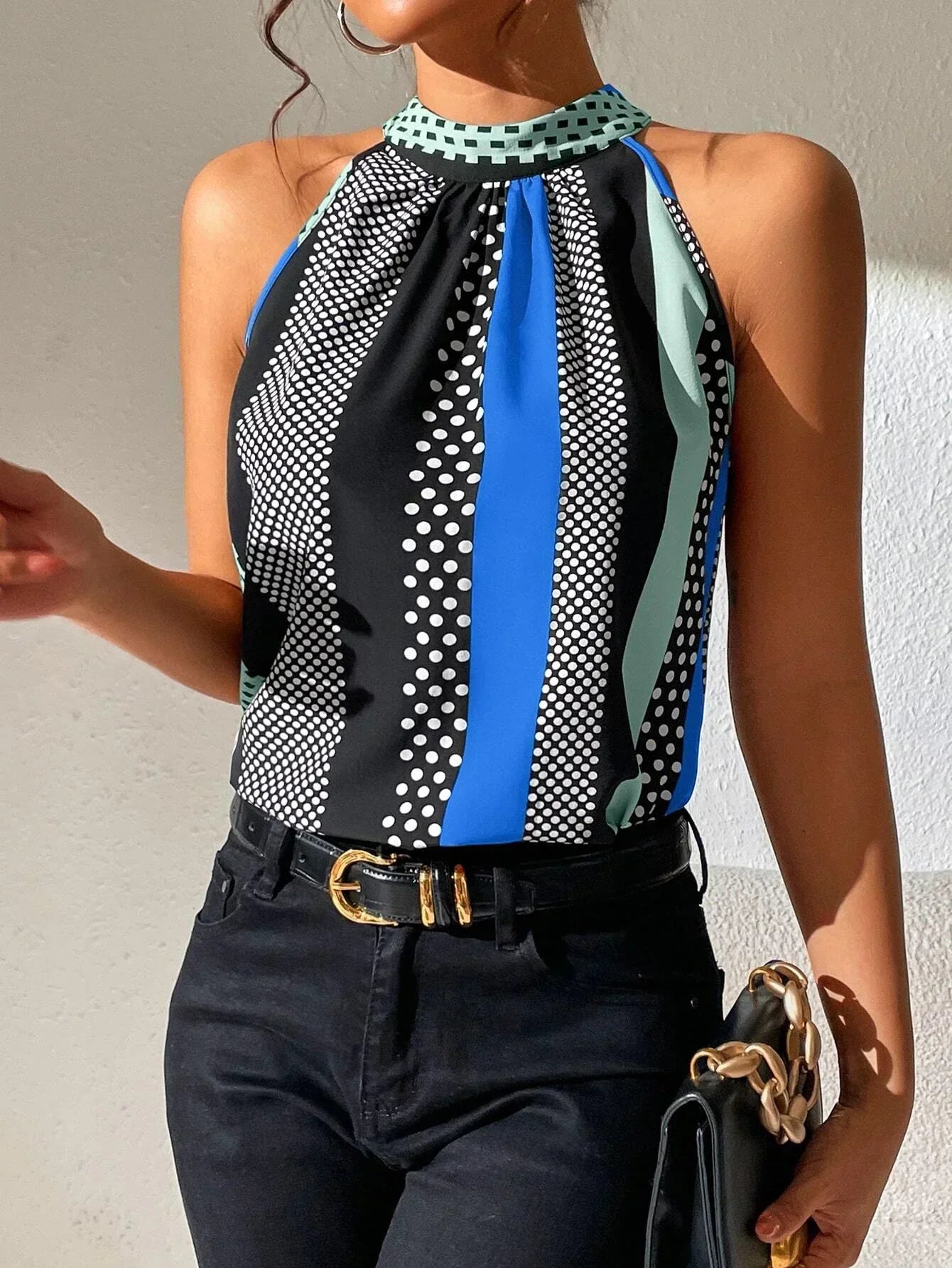Effortless Printed Halter Top for Women with Mock Neck Sleeveless Keyhole Back Casual Style