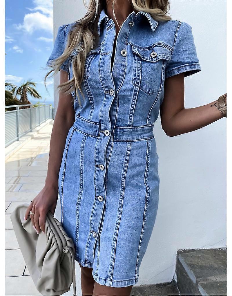 Elegant Blue Denim Dress for Women with Collared Short Sleeve Button Front Bodycon Casual Style