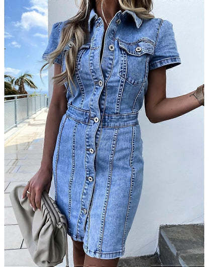 Elegant Blue Denim Dress for Women with Collared Short Sleeve Button Front Bodycon Casual Style