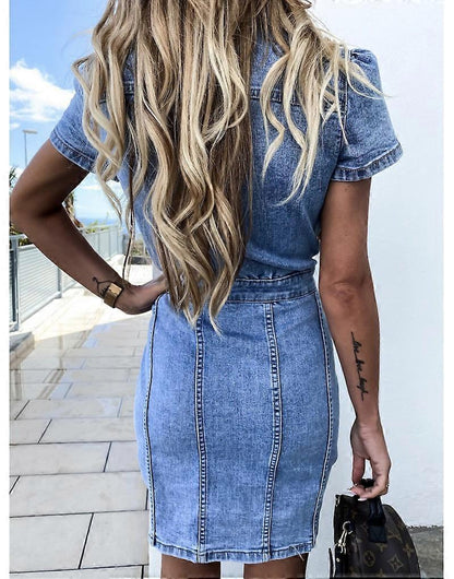 Elegant Blue Denim Dress for Women with Collared Short Sleeve Button Front Bodycon Casual Style