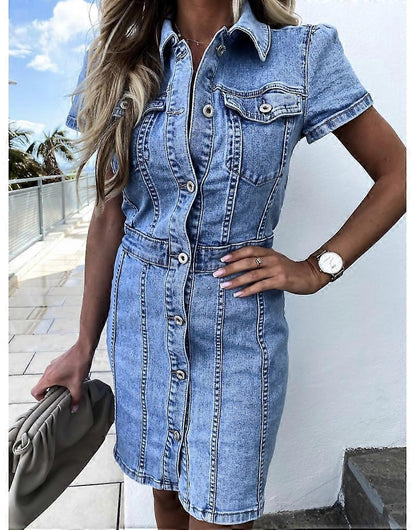 Elegant Blue Denim Dress for Women with Collared Short Sleeve Button Front Bodycon Casual Style