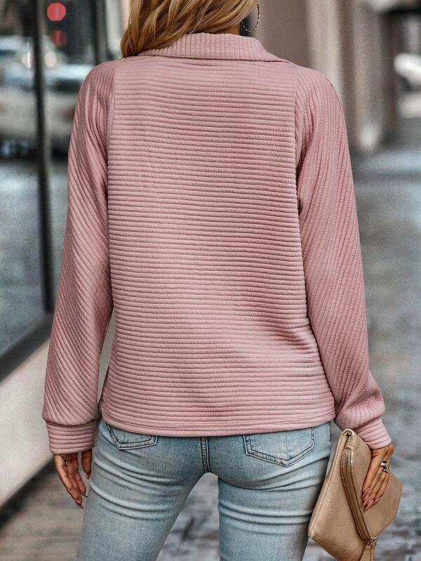 Comfortable Ribbed Knit Pullover for Women with Quarter Zip Collar Long Sleeve Relaxed Style