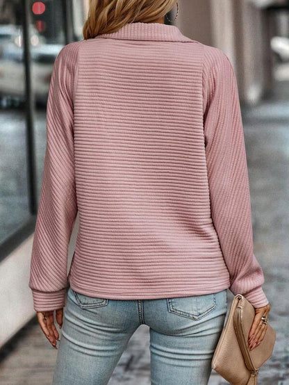 Comfortable Ribbed Knit Pullover for Women with Quarter Zip Collar Long Sleeve Relaxed Style