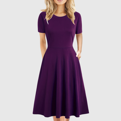 Elegant A Line Dress for Women with Round Neck Short Sleeve Fit and Flare Midi Casual Retro Style