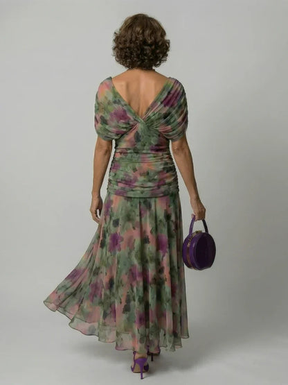 Elegant Midi Dress for Women with Off Shoulder V-Neck Floral Print Ruched Waist Formal Wedding Guest Style