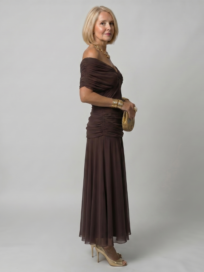 Elegant Purple Dress for Women with V Neck Flutter Sleeve Floral Ruched Maxi Wedding Guest Style