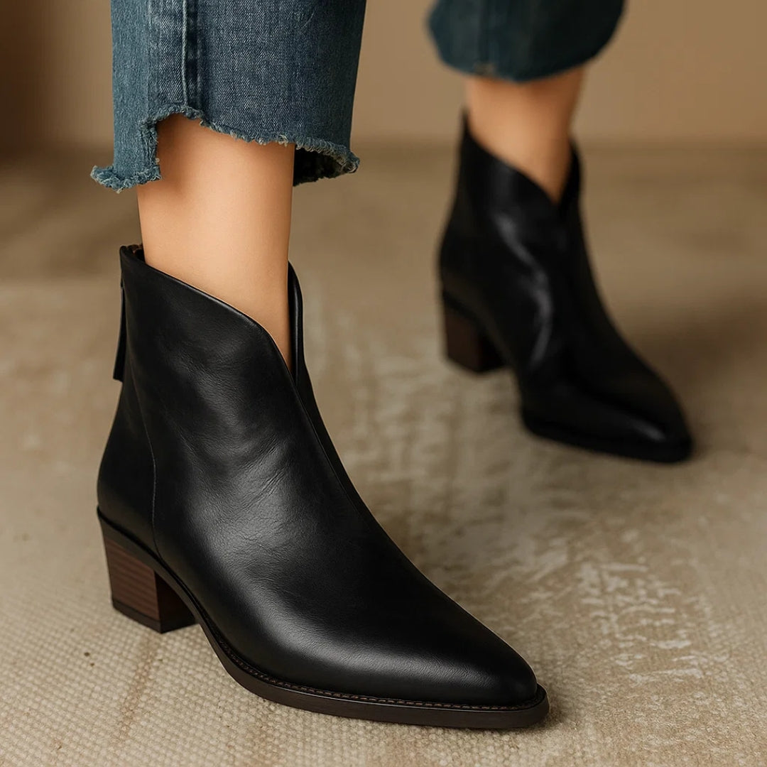 Elegant Leather Ankle Women Boots with Pointed Toe Block Heel Side Zip Style