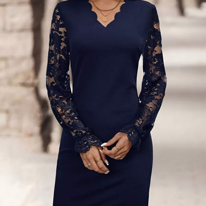 Elegant Sea Blue Lace Long Sleeve Wedding Dress for Women with Scalloped V Neck Bodycon Cocktail Style