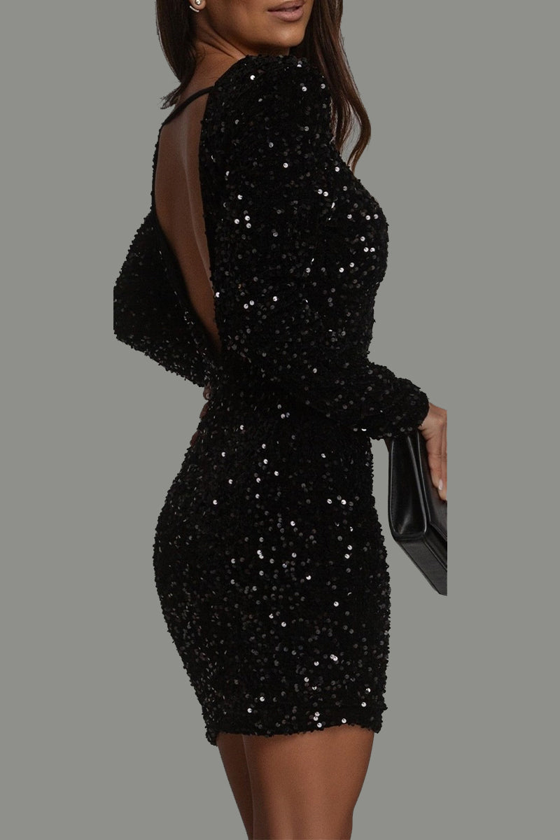 Elegant Sequin Dress for Women with Backless Long Sleeve Bodycon Sparkle Formal Party Style