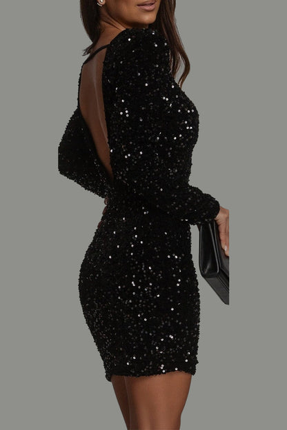 Elegant Sequin Dress for Women with Backless Long Sleeve Bodycon Sparkle Formal Party Style