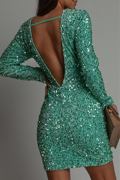 Elegant Sequin Dress for Women with Backless Long Sleeve Bodycon Sparkle Formal Party Style