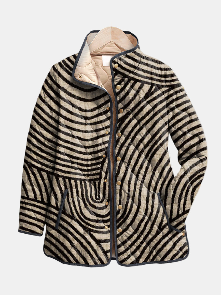 Elegant Multicolor Striped Quilted Jacket for Women with Stand Collar Long Sleeve Snap Front Relaxed Style