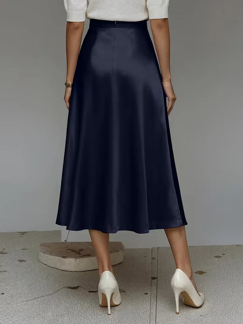 Elegant Satin Midi Skirt for Women with High Waist A Line Pocket Flowing Style