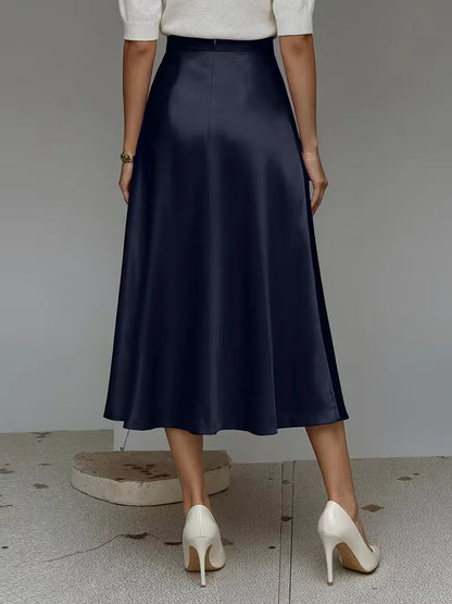 Elegant Satin Midi Skirt for Women with High Waist A Line Pocket Flowing Style