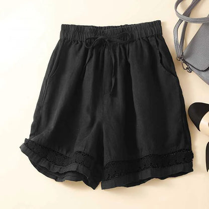 Effortless Linen Bermuda Shorts for Women with High Waist Drawstring Lace Trim Relaxed Style