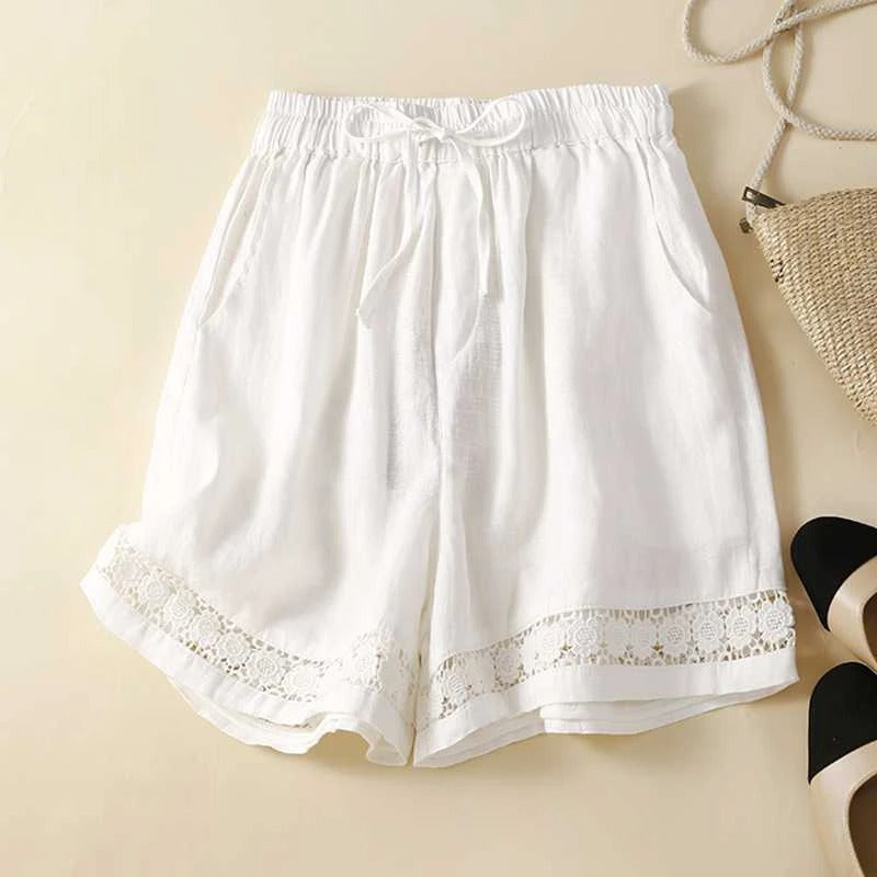 Effortless Linen Bermuda Shorts for Women with High Waist Drawstring Lace Trim Relaxed Style