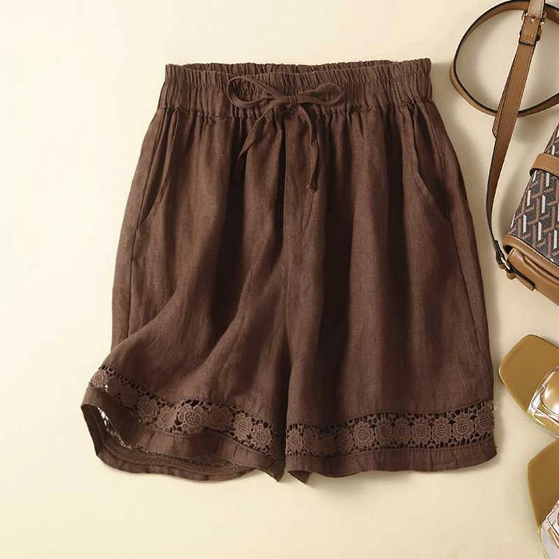 Effortless Linen Bermuda Shorts for Women with High Waist Drawstring Lace Trim Relaxed Style