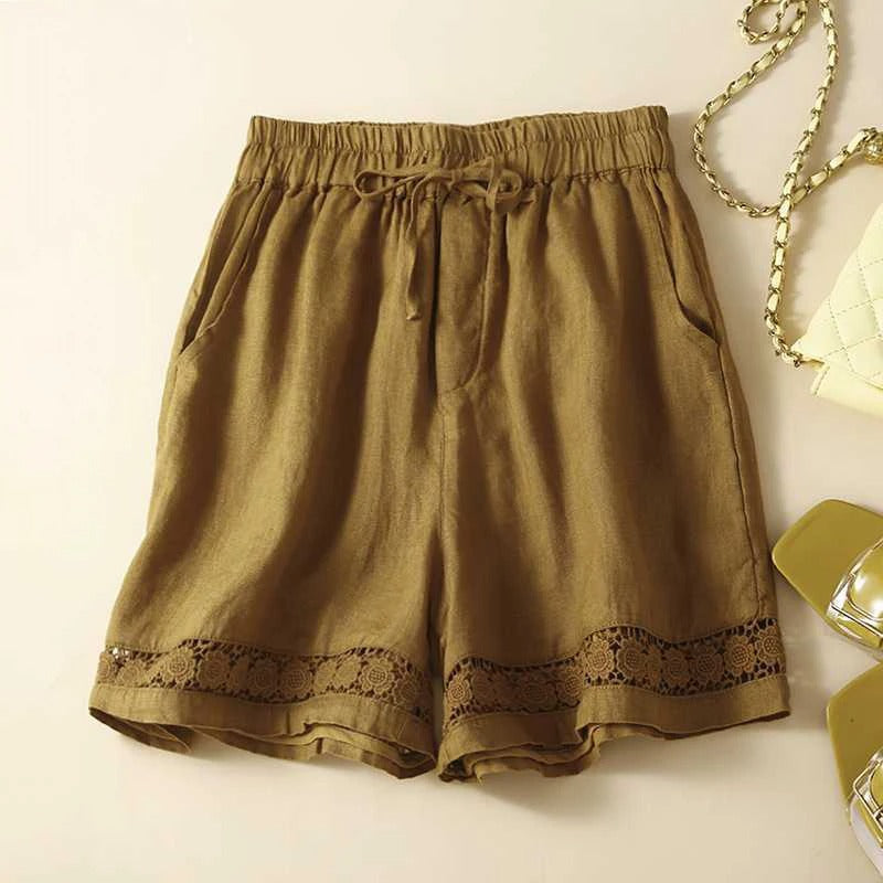 Effortless Linen Bermuda Shorts for Women with High Waist Drawstring Lace Trim Relaxed Style