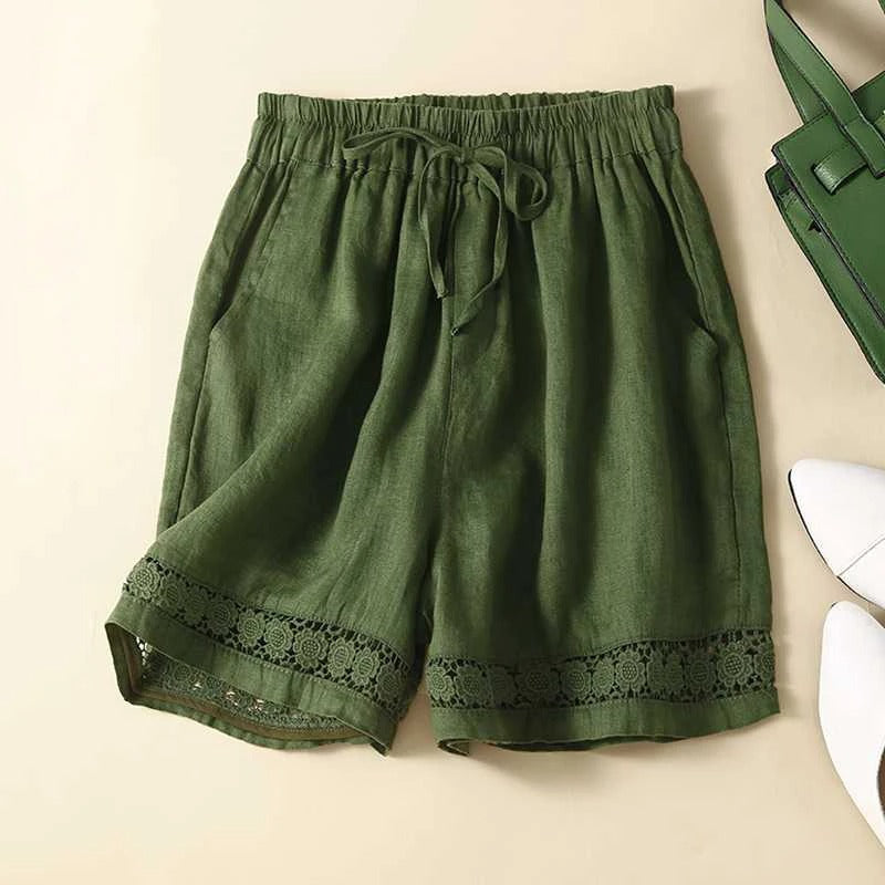 Effortless Linen Bermuda Shorts for Women with High Waist Drawstring Lace Trim Relaxed Style