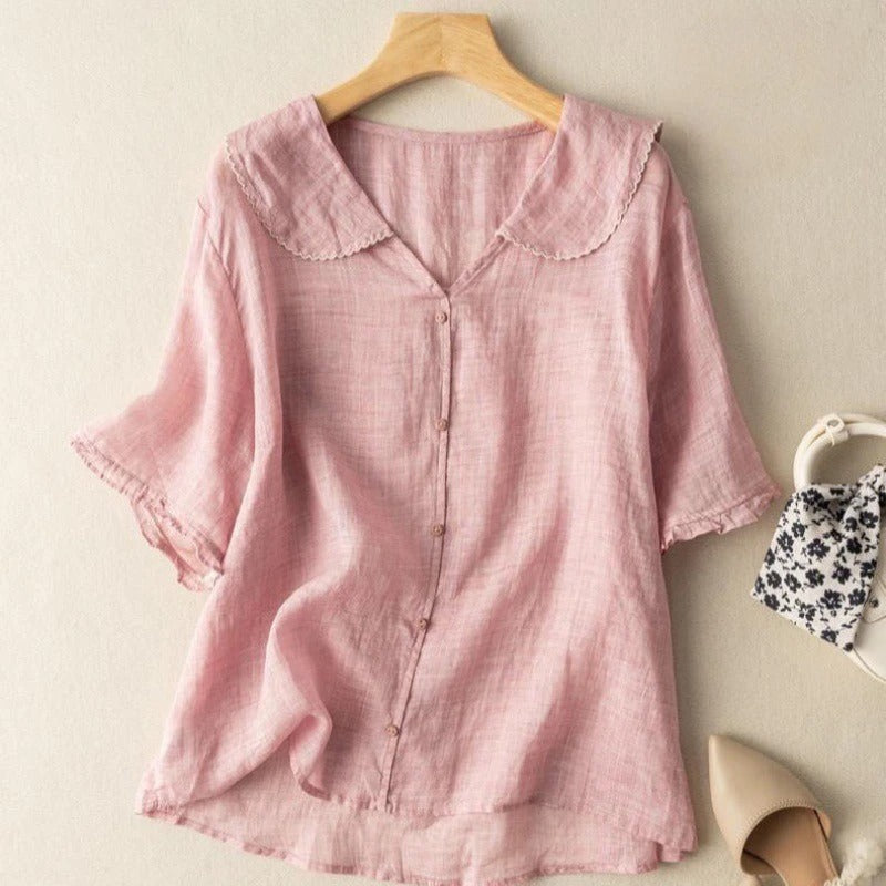 Effortless Linen Blouses for Women with Round Neck Short Sleeve Button Relaxed Flowing Style