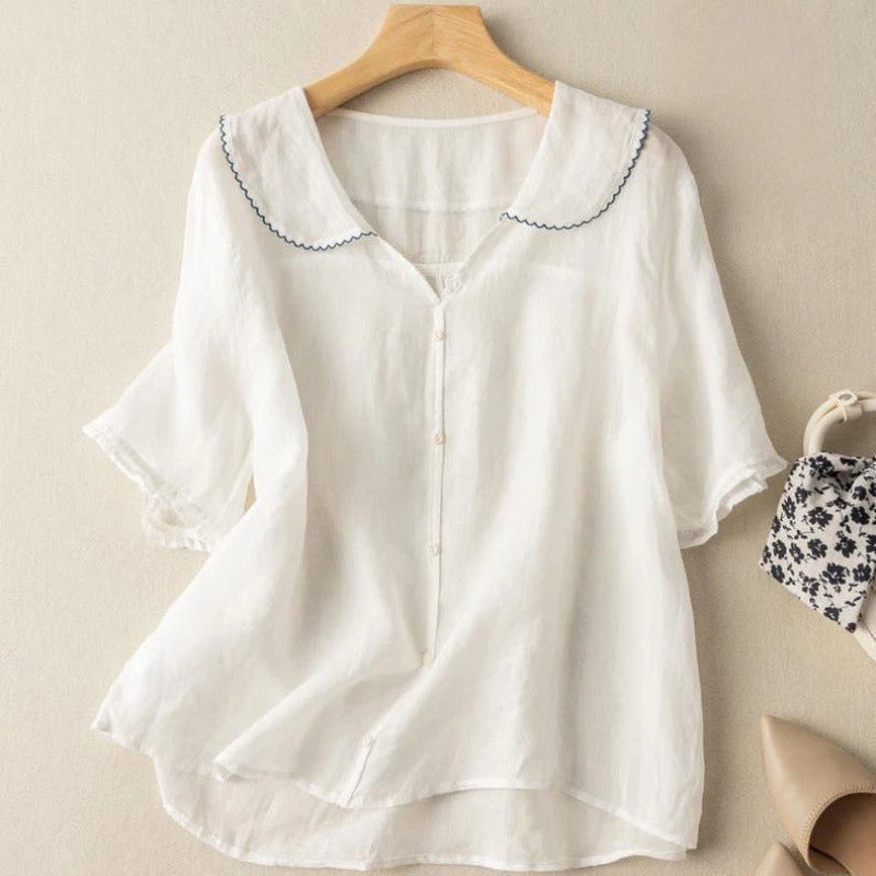 Effortless Linen Blouses for Women with Round Neck Short Sleeve Button Relaxed Flowing Style