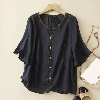 Effortless Embroidered Linen Shirt for Women with V Neck Ruffle Sleeve Button Front Boho Style