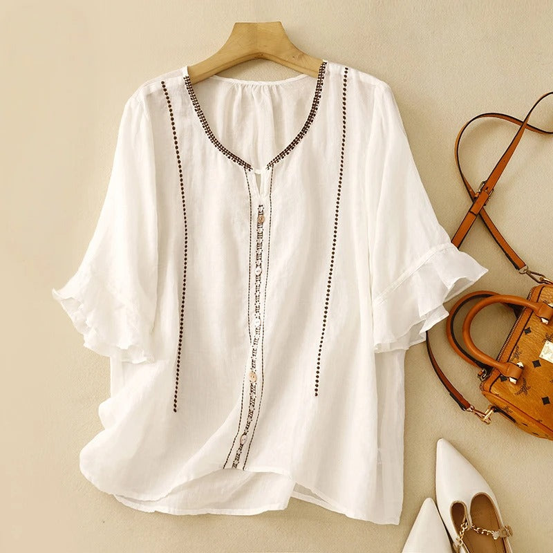 Effortless Embroidered Linen Shirt for Women with V Neck Ruffle Sleeve Button Front Boho Style
