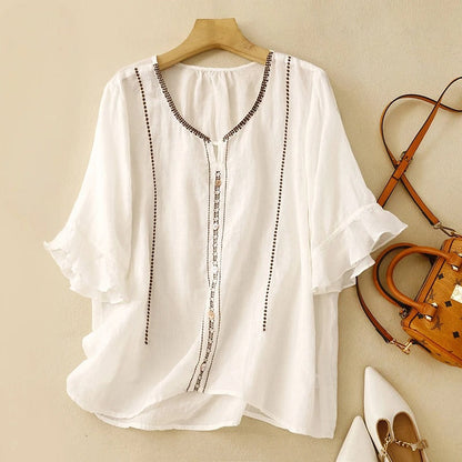 Effortless Embroidered Linen Shirt for Women with V Neck Ruffle Sleeve Button Front Boho Style