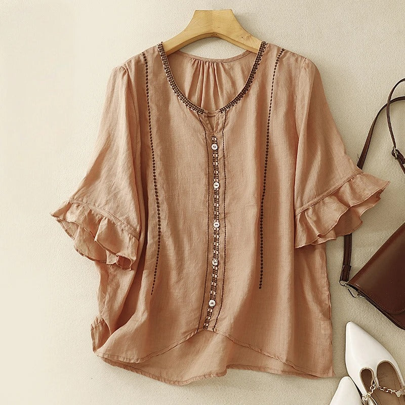 Effortless Embroidered Linen Shirt for Women with V Neck Ruffle Sleeve Button Front Boho Style