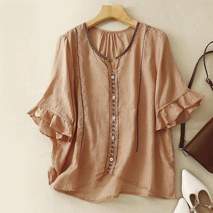 Effortless Embroidered Linen Shirt for Women with V Neck Ruffle Sleeve Button Front Boho Style