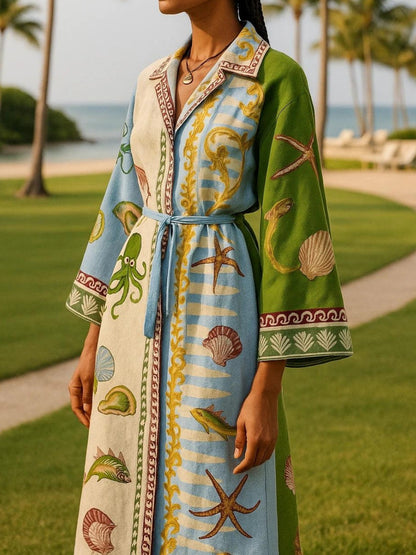 Effortless Blue Print Maxi Dress for Women with Collared Button Front Long Sleeve Belted Flowing Style