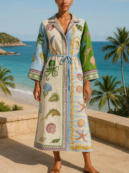 Effortless Blue Print Maxi Dress for Women with Collared Button Front Long Sleeve Belted Flowing Style