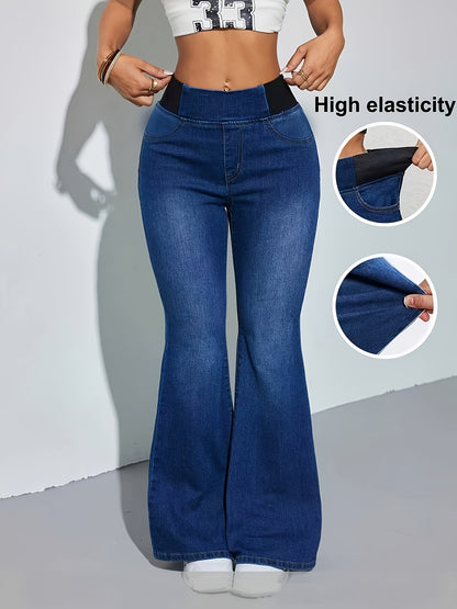 Effortless Medium Blue High Waisted Jeans for Women with Flare Leg Stretch Denim Relaxed Style