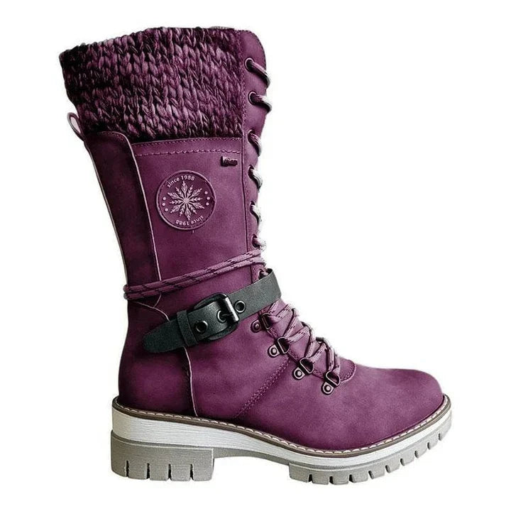 Cozy Knit Cuff Rainproof Boots for Women with Lace Up Buckle Strap Mid Calf Winter Style