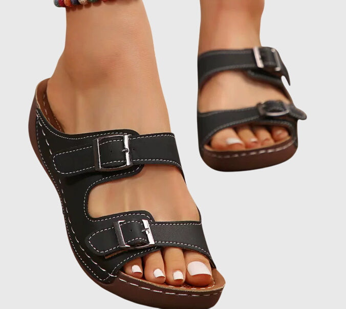 Comfortable Orthopedic Sandals for Women with Double Buckle Strap Cork Wedge Open Toe Slip On Casual Style