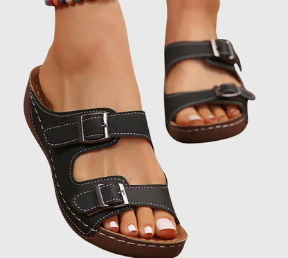 Comfortable Orthopedic Sandals for Women with Double Buckle Strap Cork Wedge Open Toe Slip On Casual Style