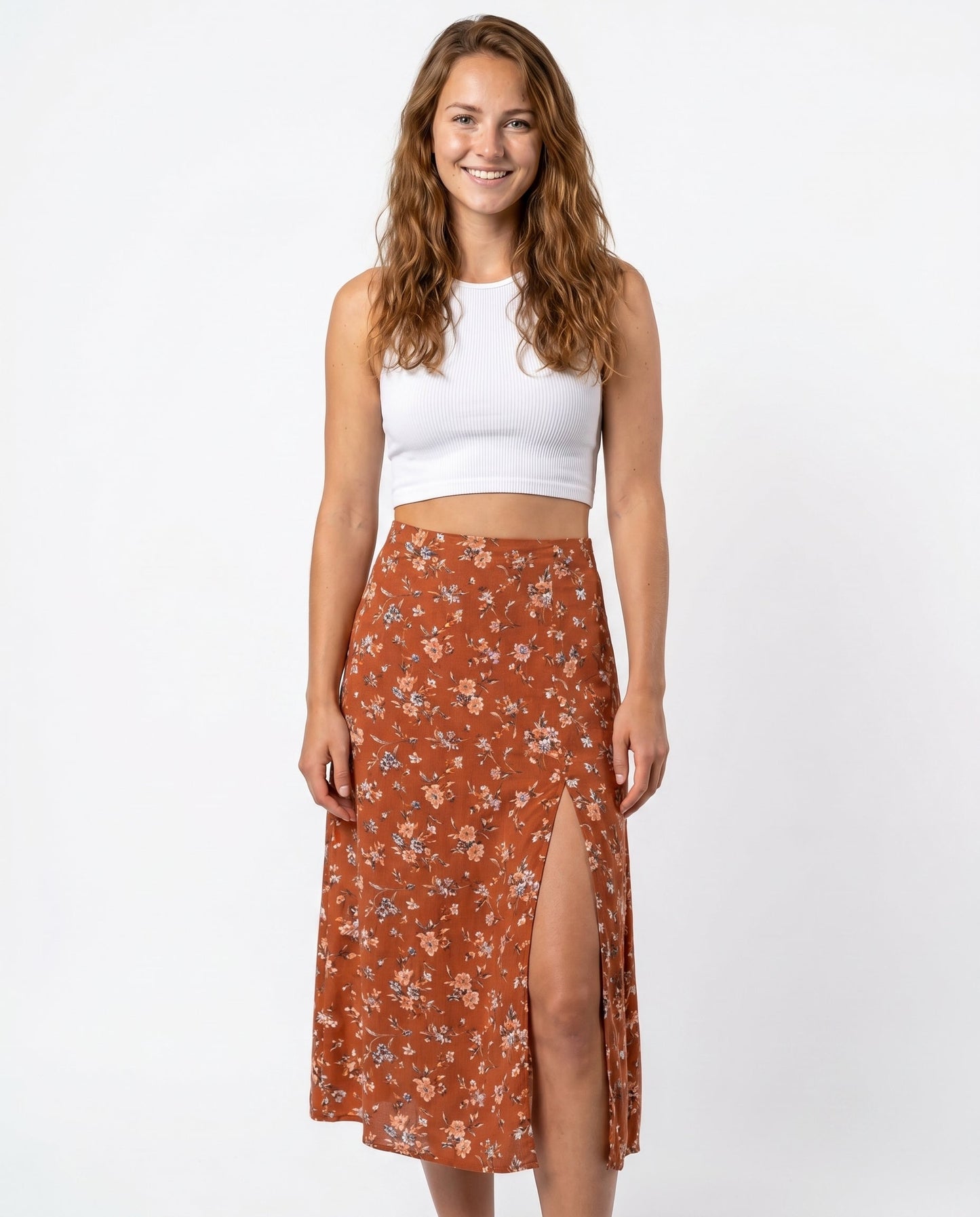 Effortless Ditsy Floral Midi Skirt for Women with High Waist Side Slit Flowing Bohemian Style